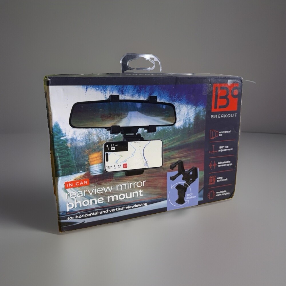 Breakout Rearview Mirror Car Phone Mount Clamp, Black, 360 Rotation